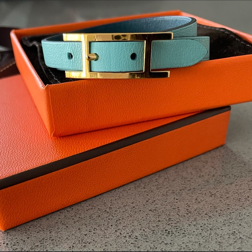 Hermes Turquoise Double Tour H Bracelet with Gold Hardware